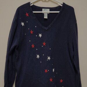 Quacker Factory Womens Navy Blue Diagonal Intarsia Stars Tunic Sweater Size L